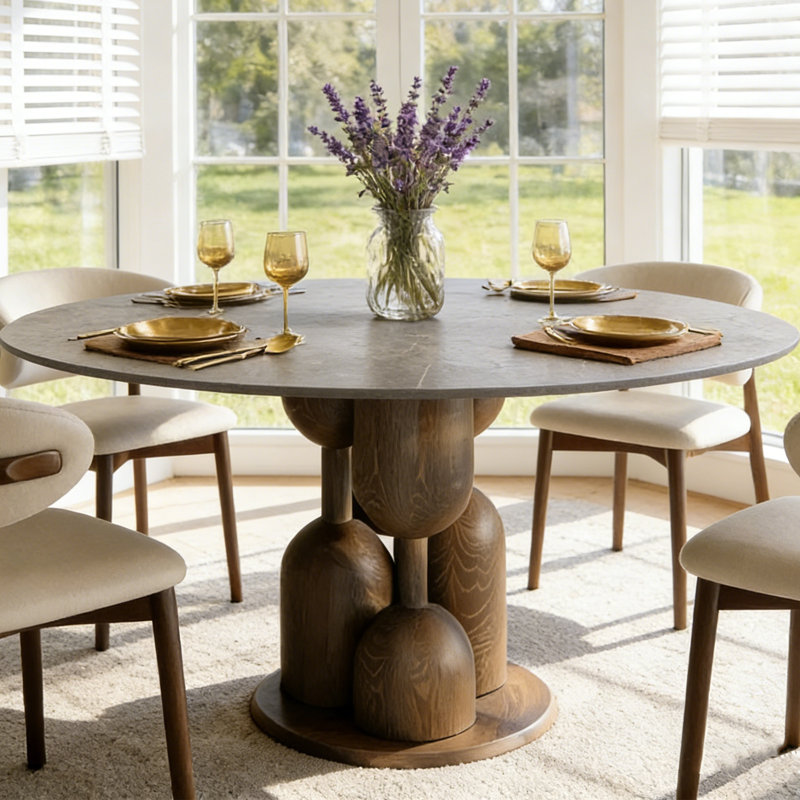 Amberly Luxury Modern Round Sintered Stone Dining Table Solid Wood Pedestal Kitchen Table For 2-8, One-step Installation