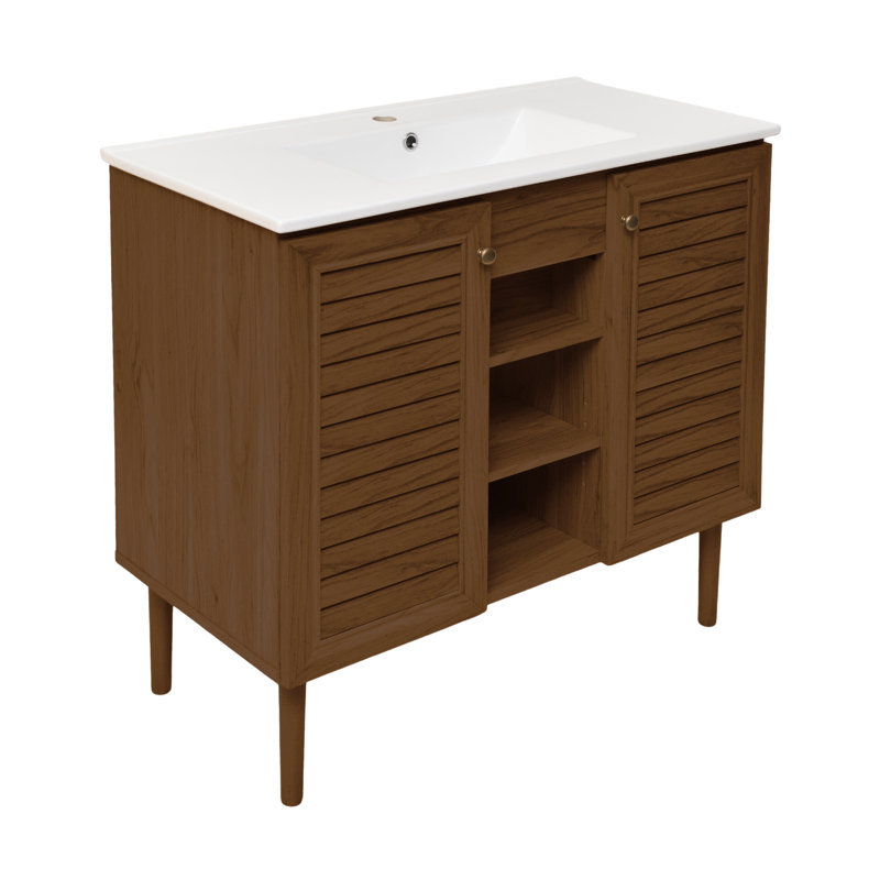 Meuble-lavabo autoportant de 36 po en chêne brun avec comptoir Bron, Blanc, Chêne brun, Trou unique