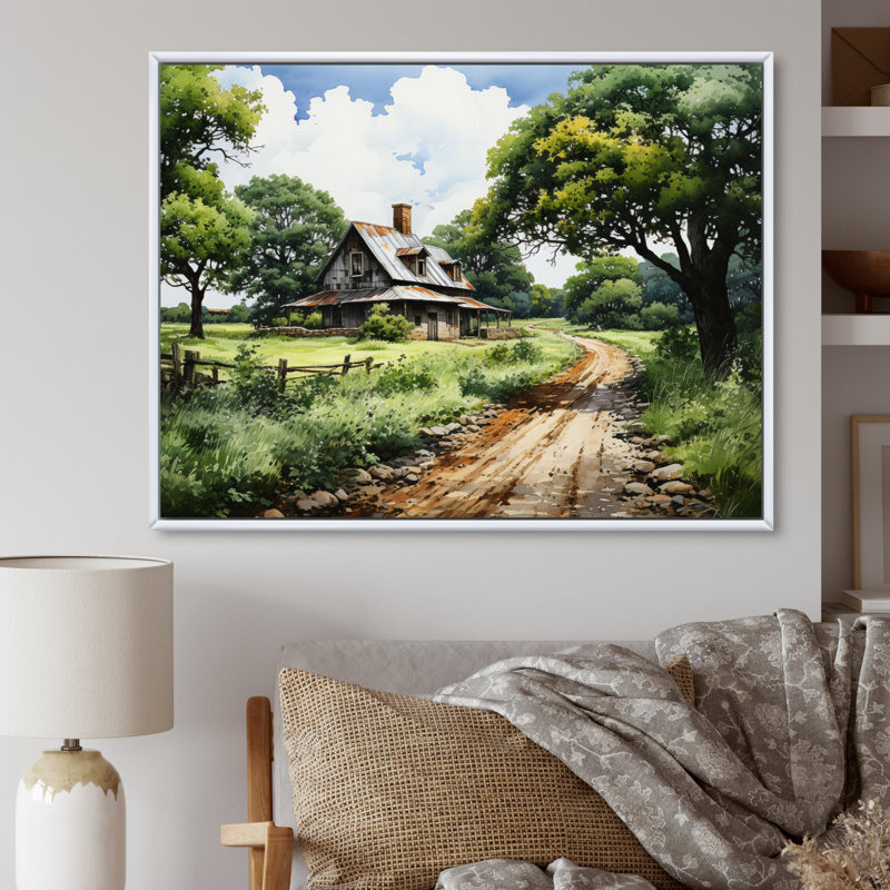 Farmhouse Natures Embrace Pointillism - impression, H 30 po x l 40 po x P 1,5 po, Cadre flottant blanc