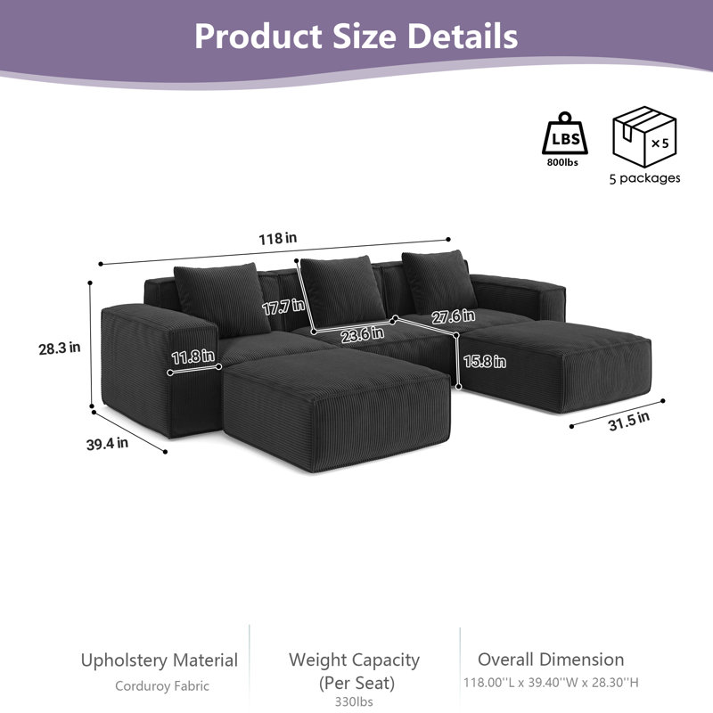 Canapé modulaire en forme de U 118 po avec 2 repose-pieds, canapé en velours côtelé moelleux, canapé modulaire surdimensionné à 5 places avec mousse à haute densité, aucun assemblage requis