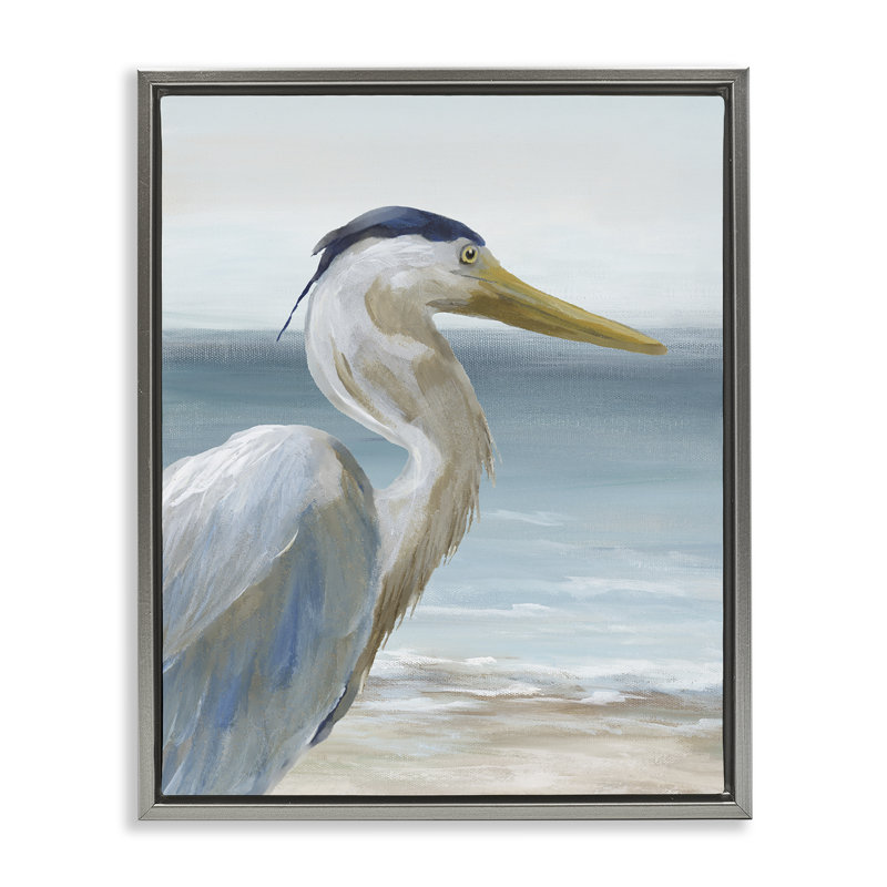 Cadre flottant Heron regardant à droite, design par Nan, Cadre flottant gris lustré, H 31 po x l 25 po
