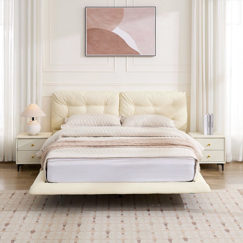 Grand lit flottant rembourré avec lumières DEL, plateforme en cuir Pu blanc, tête de lit à bouton. Conception pour un look moderne, six lumières de couleur chaleureuse, cadre confortable et silencieux