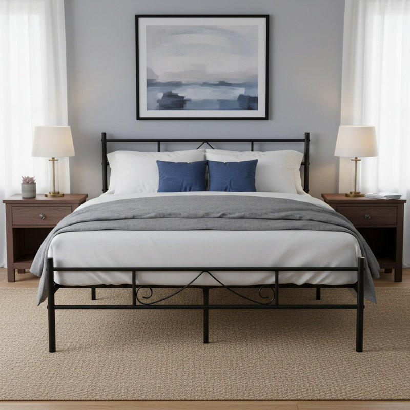 Metal Bed Frame with Beard Design Headboard, Double (4'6), Black