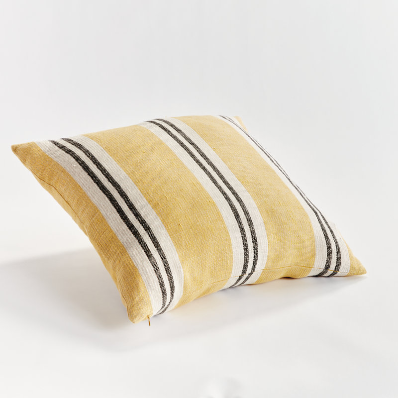 Finn Linen Throw Square Pillow Cover & Insert, Ochre/Charcoal Striped 1, Square 24" x 24"