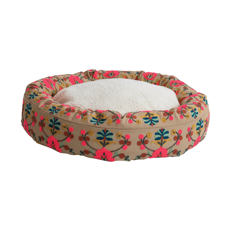 Lit rond rond en coton et sherpa avec housse amovible, Rose / taupe