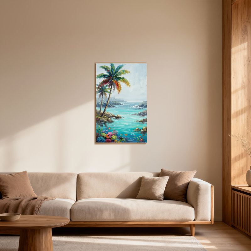Plantes et fleurs, plage tropicale, palmiers, récif corallien, vue sur l'océan, H 28 po x l 40 po