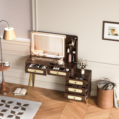 Makeup Vanity Desk with 5 Drawers and Storage Shelf, Rattan Drawer Design, 3 Color Modes and Adjustable Brightness Dressing Table