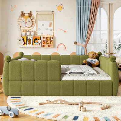 Queen Size Kids Soft Upholstered Floor Bed, Montessori Floor Bed with Full Surround Safety Rails, Low to Ground Child Bed Frame for Boys Girls, Green