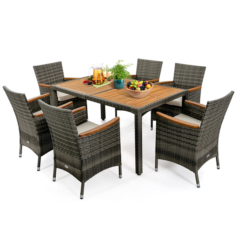 Kadenn 6 - Person Acacia Wicker Patio Dining Set with Rectangular Table , Cushions Included