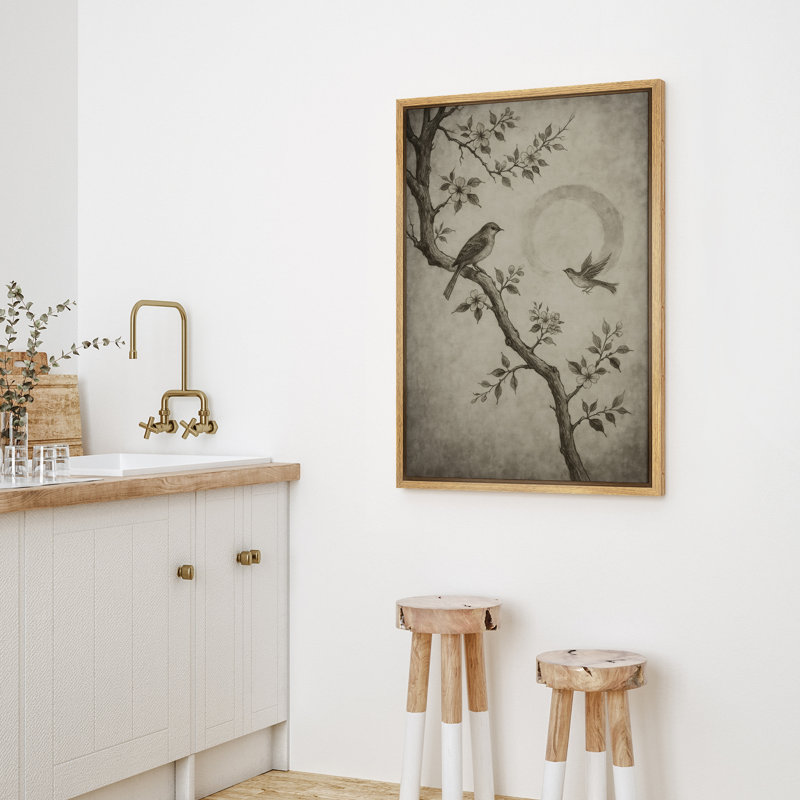 Encre d'oiseaux sur une branche, impression encre d'inspiration orientale avec pleine lune, décor élégant encadré pour des thèmes zen ou nature