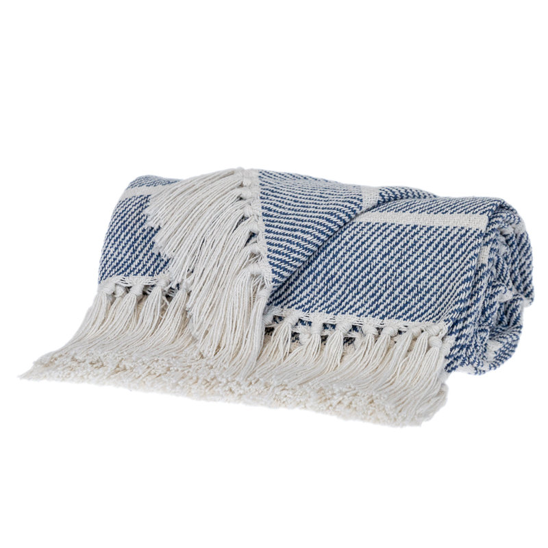 Jeté rayé en coton tissé bleu