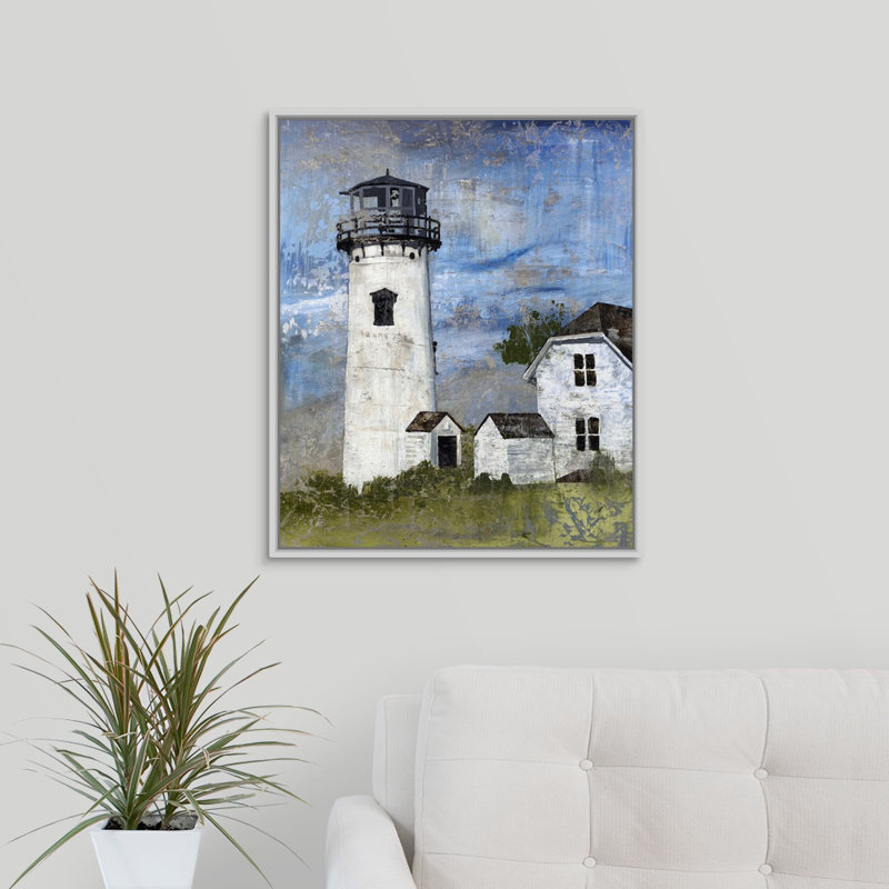 « phare radiobalise i », peinture sur toile, H 25,7 po x l 21,7 po x p 1,75 po, Cadre flottant blanc