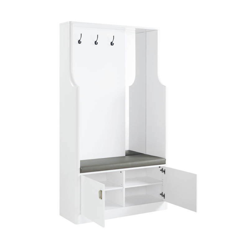 Edelfried Contemporary Rectangular Hall Tree with 3 Hooks and Bench in White