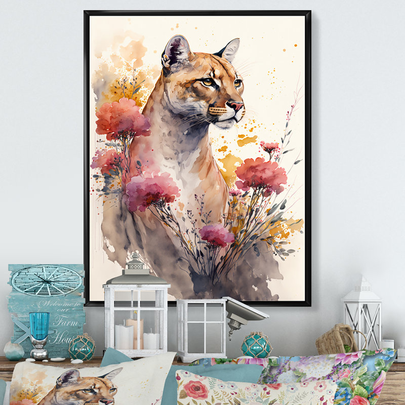 «Cute Puma Floral Art III», peinture sur toile, H 20 po x l 12 po x P 1 po, Toile avec cadre flottant noir
