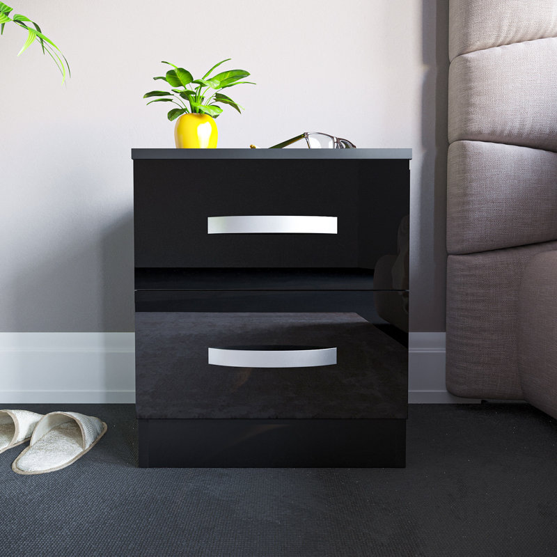 Arkadij 2 Drawer Beside Table With Metal Runners, Modern Bedroom Storage Cabinet, Black