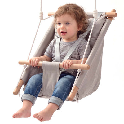 Balancelle de bébé en toile grise, supportant jusqu'à 30 kg (66 lb), 3 modes d'utilisation, pour l'intérieur et l'extérieur, harnais à 5 points et sangles de fixation, siège suspendu en bois avec coussin intégré, pour bébés et jeunes enfants.