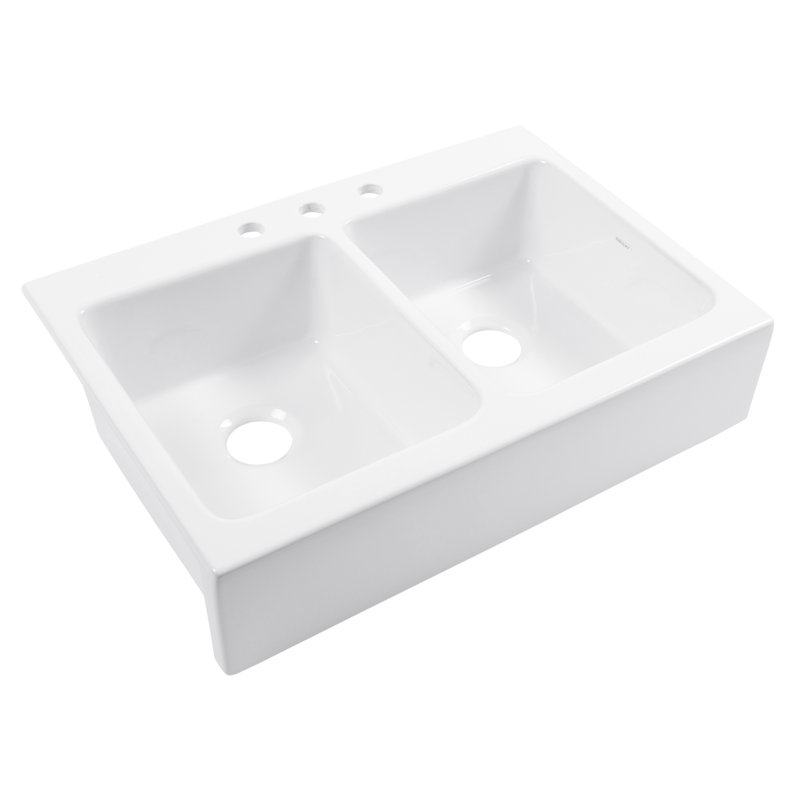 Parker Crisp White Fireclay 34" Double Bowl Quick-Fit Farmhouse Apron Front Drop-in Kitchen Sink, 3, Double, Crisp White