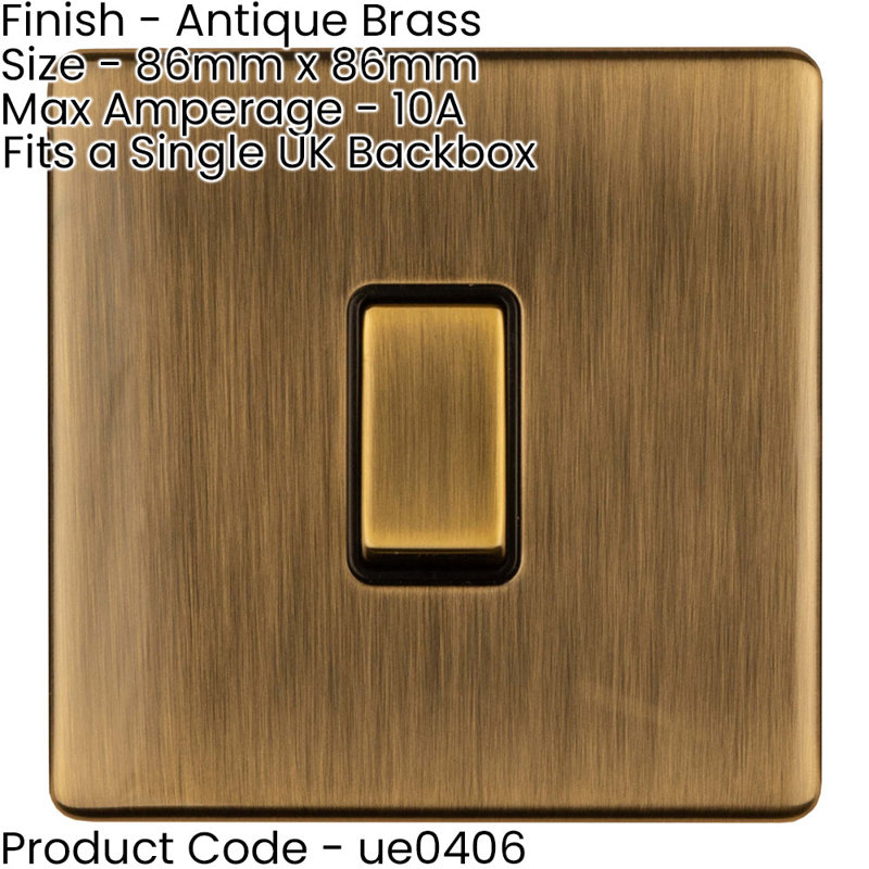 1 Gang Single 10A INTERMEDIATE Light Switch SCREWLESS SATIN BRASS Metal Rocker, Antique Brass, Gold