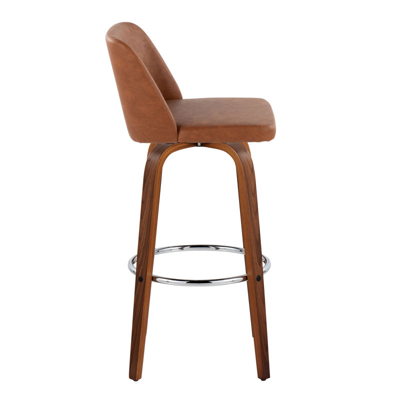Thea 30" Fixed-Height Bar Stools with Bent Wood Legs & Round Footrest, Walnut/Chrome, Camel, Bar Stool (29.5" Seat Height)