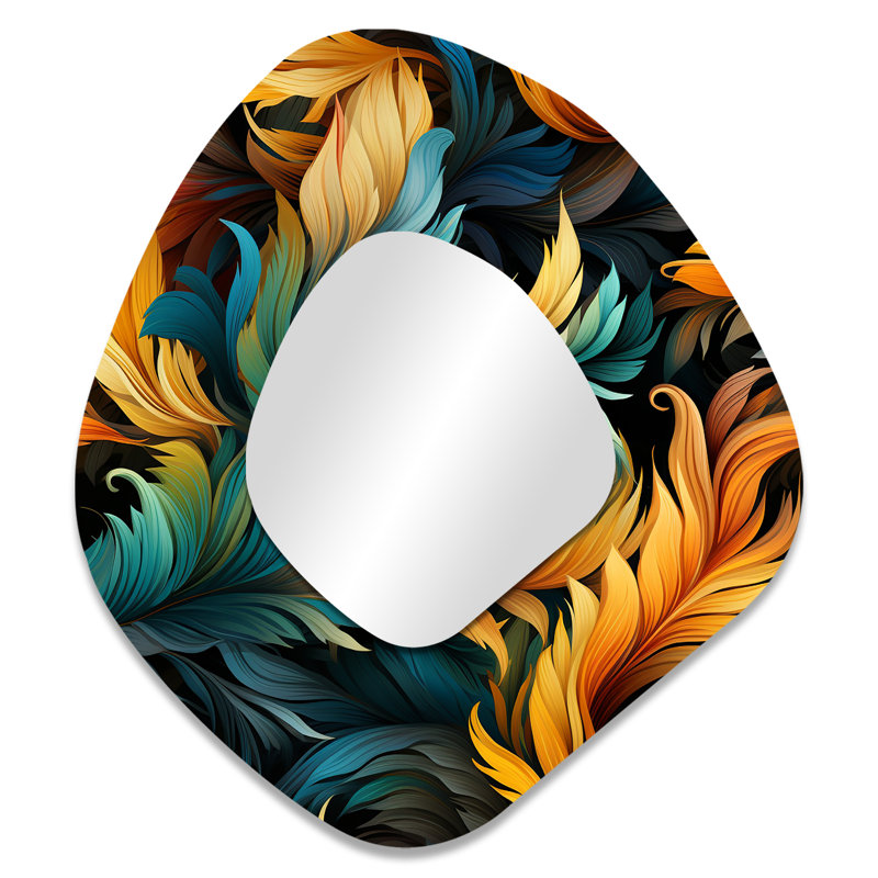 Orange et sarcelle plume Avian Elegance - miroir mural asymétrique imprimé animal, miroir décoratif de forme unique orange, impression d'art en métal