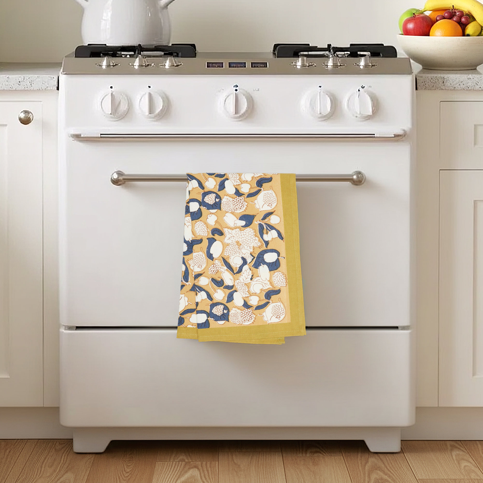 Bryssa Floral Tea Towel Kitchen Towel, Mustard/Blue