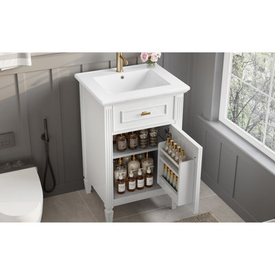 Meuble-lavabo blanc de 20 po avec lavabo, tablette réglable et tiroir inclinable, conception moderne pour les salles de bain compactes, pieds en bois massif, poignées de ton doré, armoires autoportantes