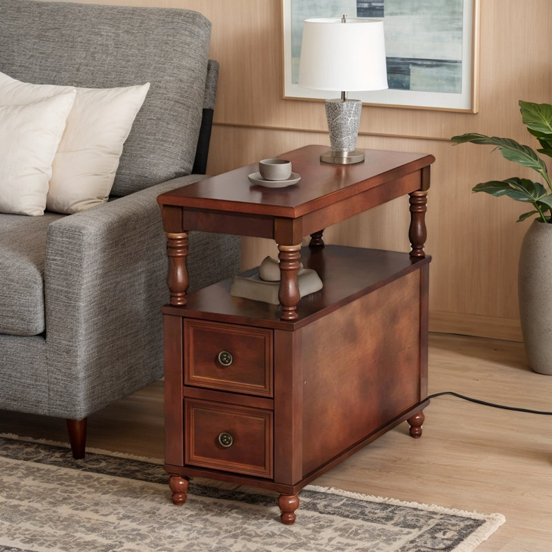 Table de bout en bois massif 23,6 po avec 2 tiroirs, petite table de chevet décorative pour le salon et la chambre à coucher