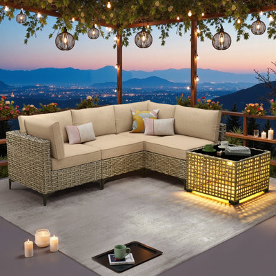 Sorella 5-Piece Outdoor Patio Furniture Set With Wicker Sectional Sofa & Lighted Coffee Table, Modern Patio Conversation Set For Porch, Deck & Backyard
