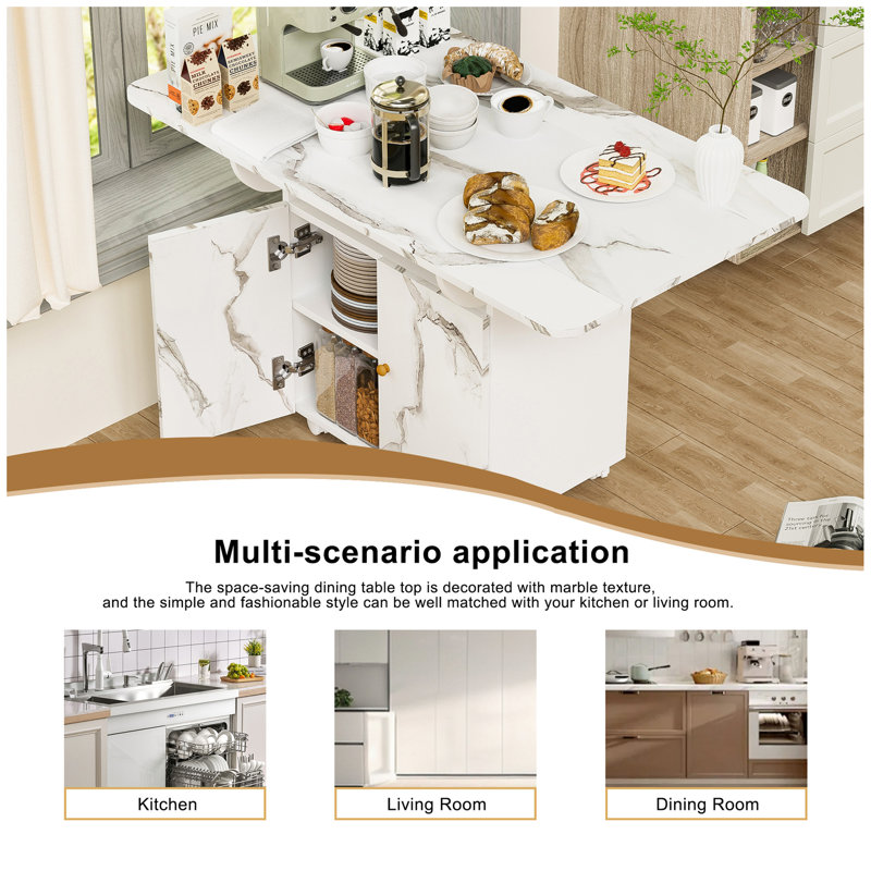 47" Wood Folding Dining Table with storage rack and cabinet, Removable Entryway Table with 6 Wheels, White Marble Color Kitchen Island, Side Table and Coffee Table Versatile Table Space Saving