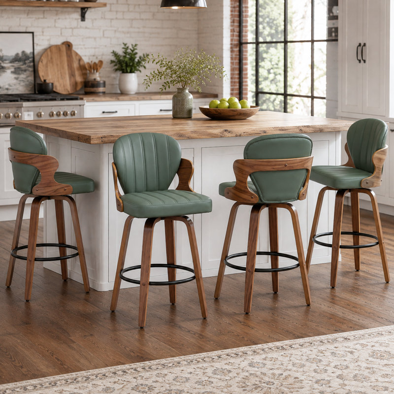 Tabourets de bar pivotants en bois et simili cuir Xaviera, Vert, Tabouret de comptoir (siège d'une hauteur de 25,7