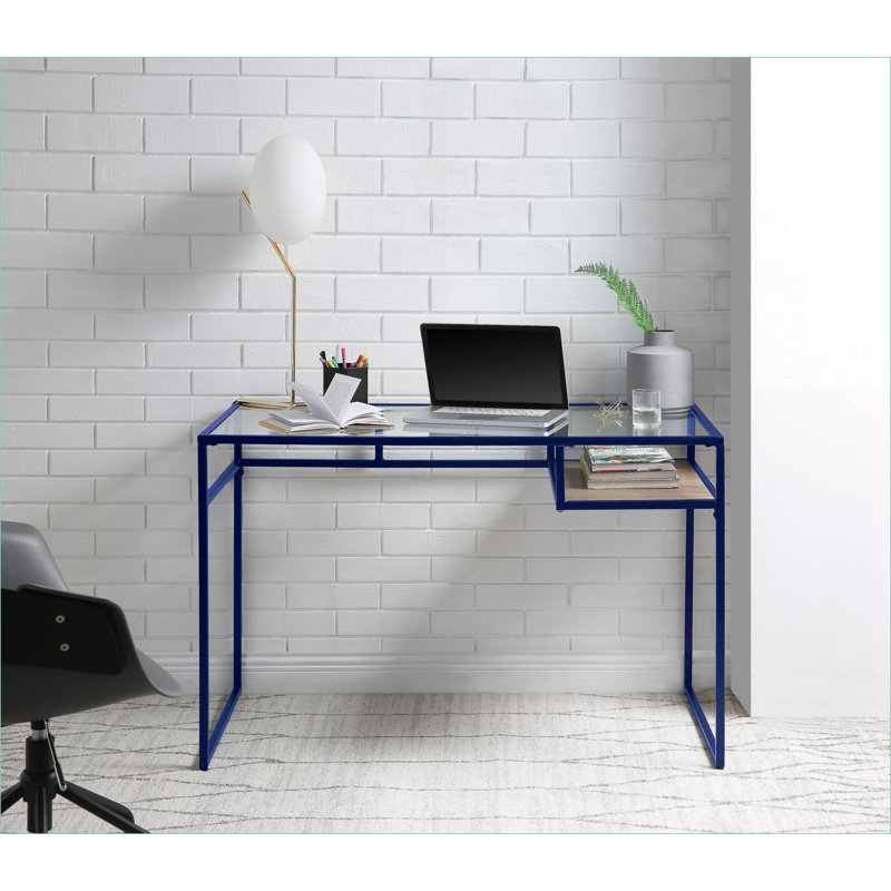 Bureaux, bureau d'écriture moderne avec plateau en verre transparent Tablette de rangement | Finition bleue | Cadre en métal