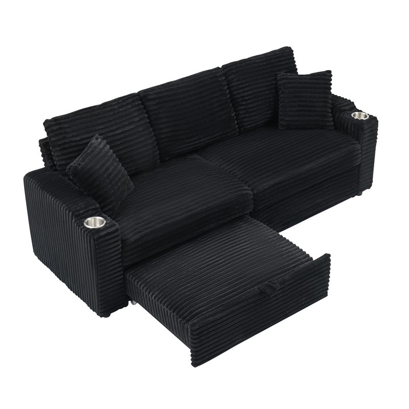 80-Inch Two-In-One Pull-Out Sofa With Foldable Reclining, Cup Holder, And Pillow For Versatile Living Room Comfort, Black