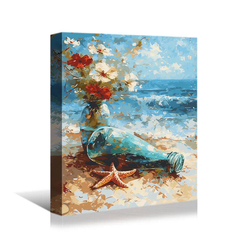 «Coastal Beach Still Life with Glass Bottles, Flowers and Starfish», art mural sur toile tendue, H 18 po x l 12 po