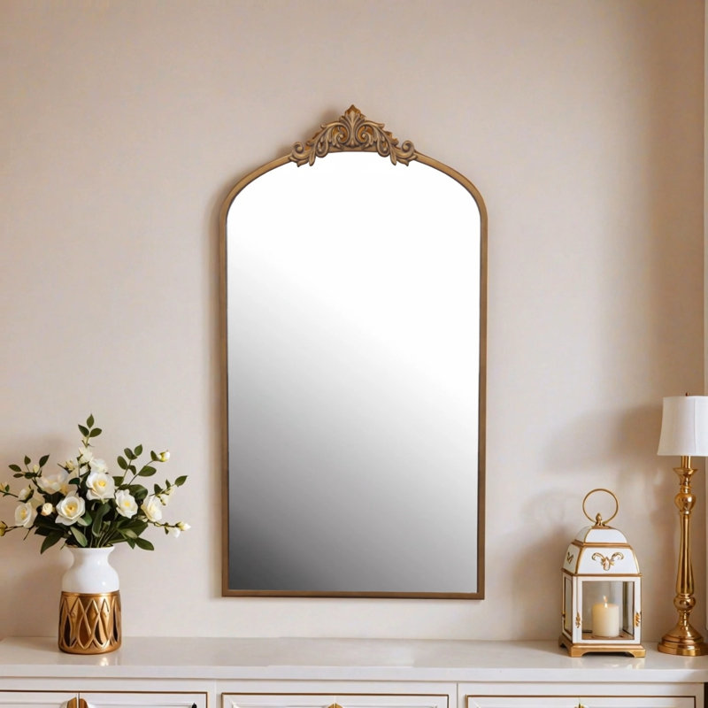 Wall Mirror 43x24 Inch Vintage Ornate Arched Floor Mirror Metal Framed Mirror Dressing Mirror, for Entryway, Living Room, Bedroom,  Antique Bronze
