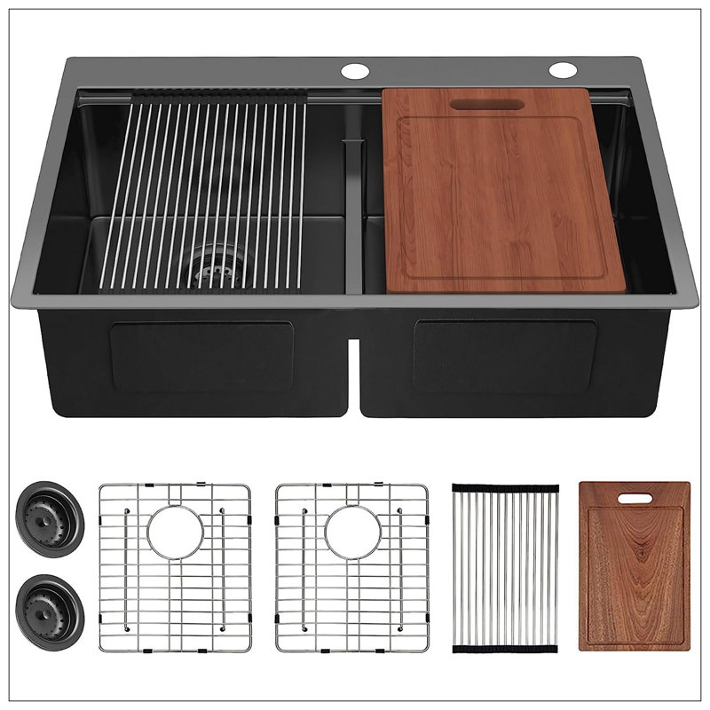 33 Inch Gunmetal Black  Topmount Workstation  Kitchen Sink 16 Gauge 304 Stainless Steel  Double Bowl Sink