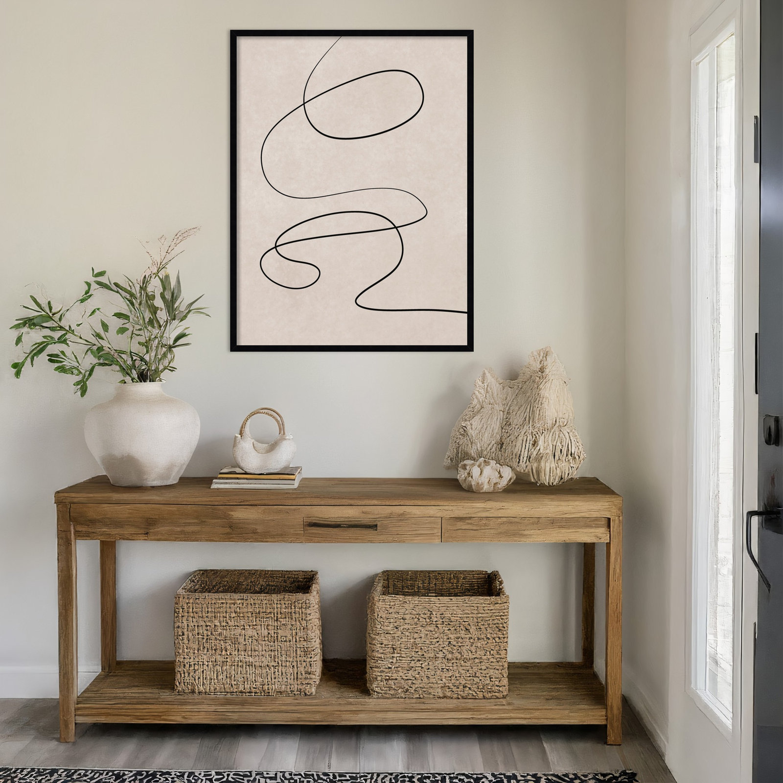 Black Line and Textured Beige Print, 41" H x 31" W, Black