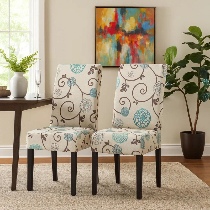 Ensemble de 2 chaises de salle à manger, tissu beige, coussins moelleux, bois d'hévéa noir