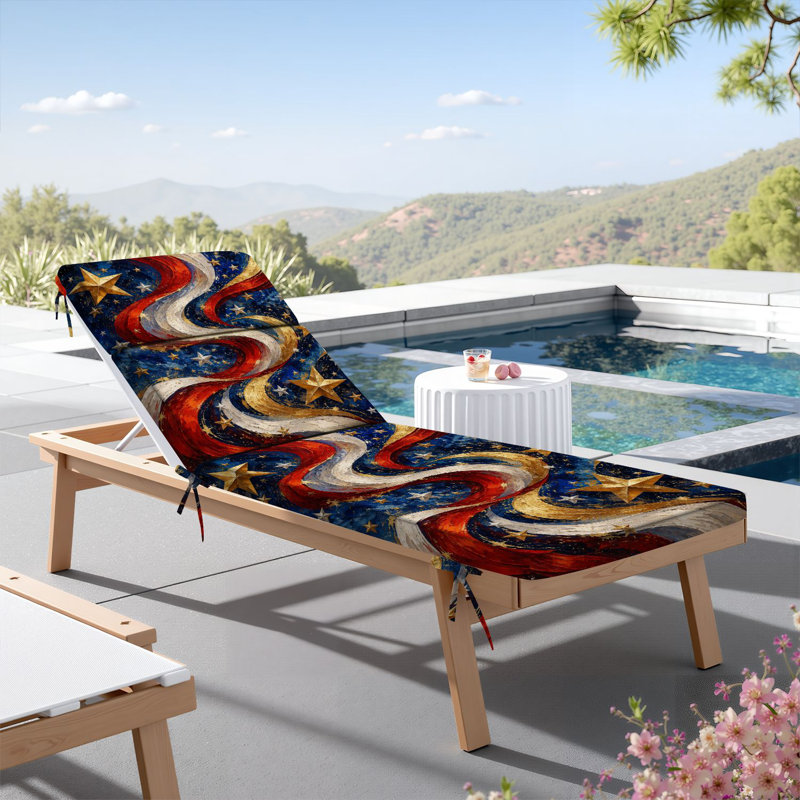  Coussin de patio extérieur d'extérieur 3 po avec drapeau américain à rayures blanches et rouges, étoiles dorées et coussin bleu pour chaise longue