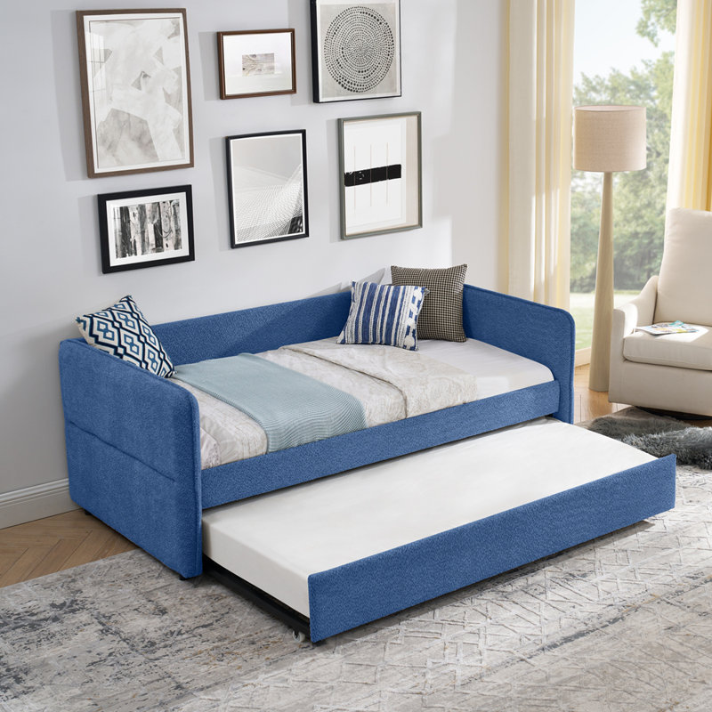 Lit de jour en tissu avec couchette escamotable Boucle, Lit simple, Bleu