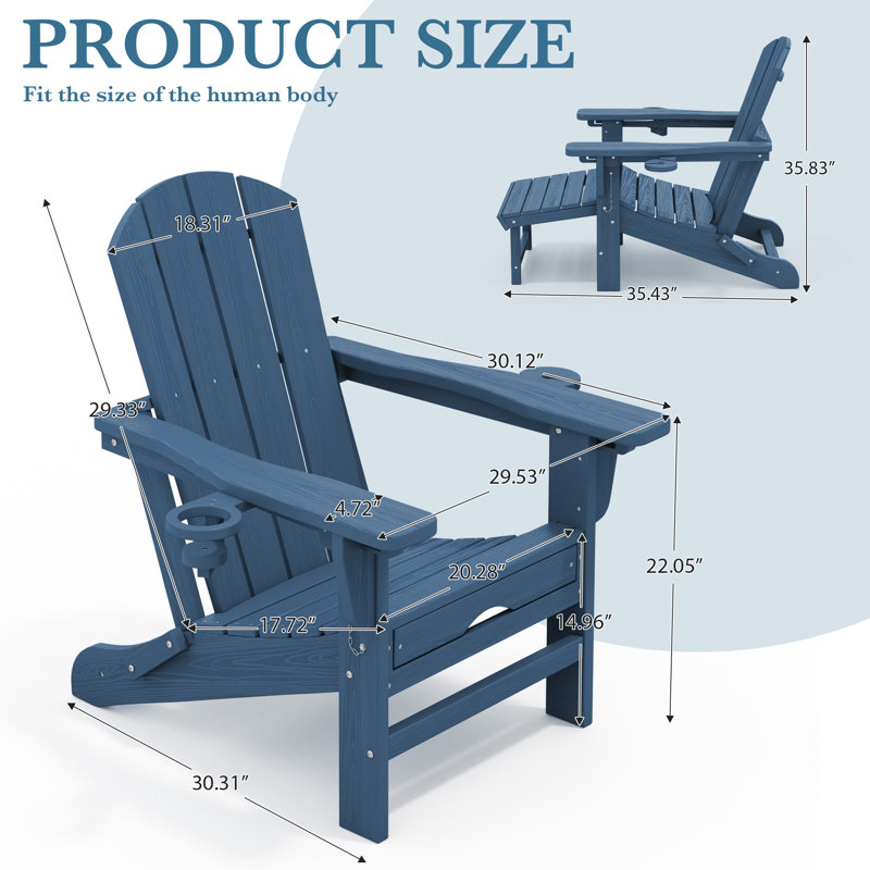 Chaise Adirondack extérieure pliable réglable en PEHD avec repose-pieds et porte-gobelet double, Marine