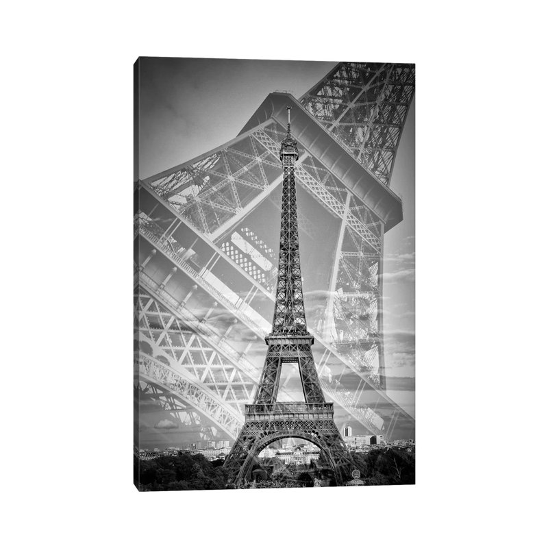 Eiffel Tower Double Exposure II | Monochrome by Melanie Viola - Wrapped Canvas Print, 20.32 cm H x 30.48 cm W