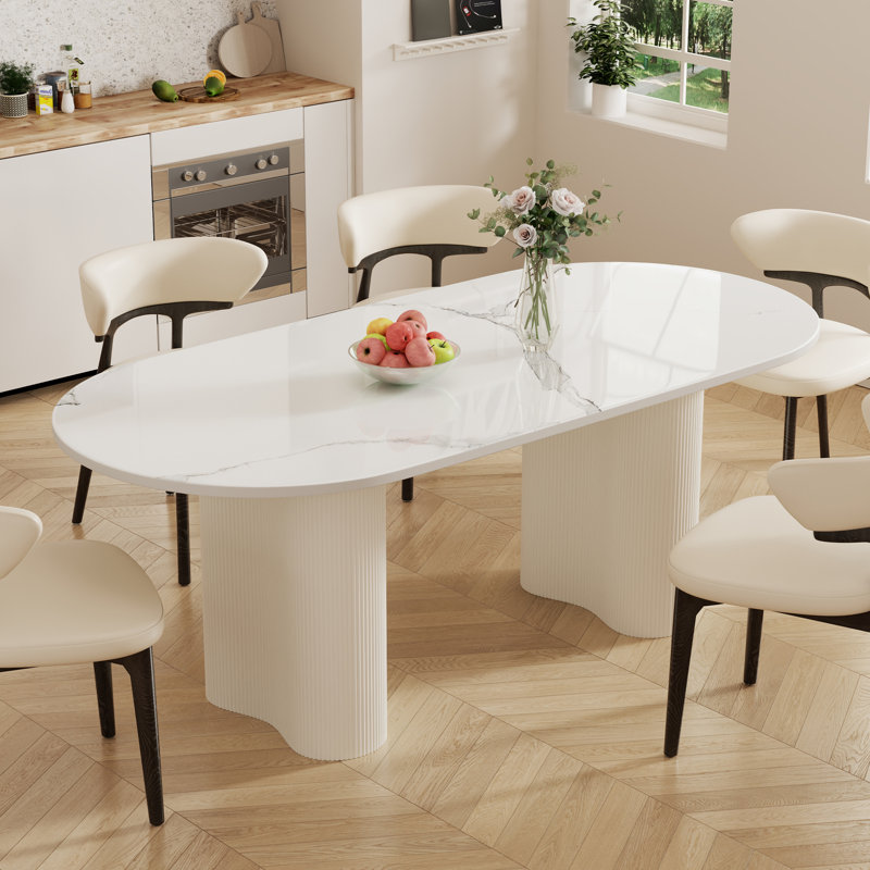 Jamani Modern Oval Dining Table for 6, Glossy Sintered Stone table top, Solid Wood Legs, 29.5"H x 71"L x 35.4"W, White, Cream