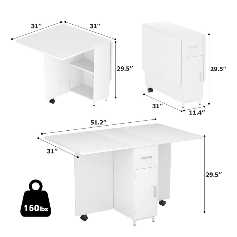 Folding Dining Table with Drawers and Cabinets, White