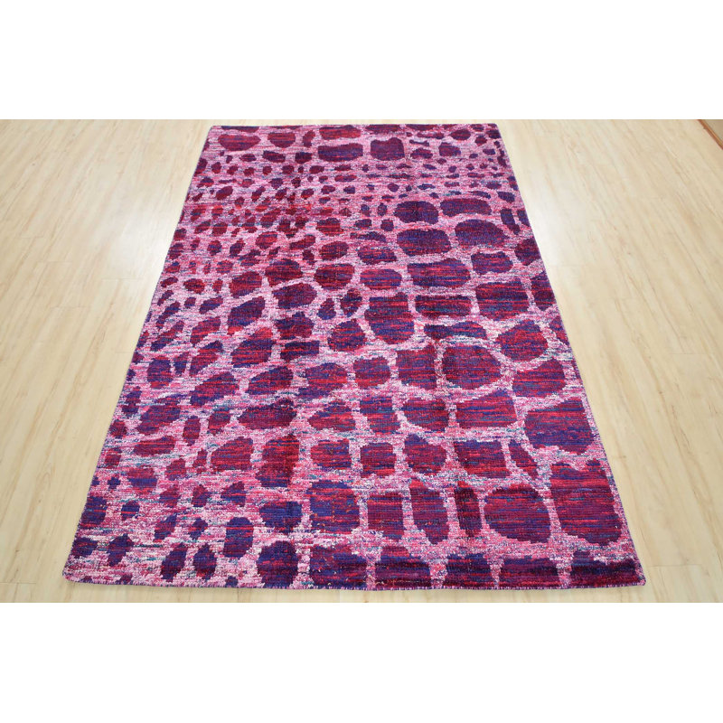 Tapis mauve en soie noué à la main de conception unique 5 pi 8 po x 7 pi 11 po Gabrionna