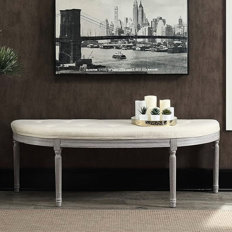 Beige Coastal Button Upholstered Bench With Weathered Gray Legs, Half Crescent Design For Space Optimization In Foyers, Structure, Easy To Clean, Requires Assembly, American Look, 55 Depth Shape -
