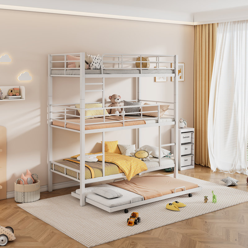 Metal Twin Triple Bunk Bed With Trundle, White