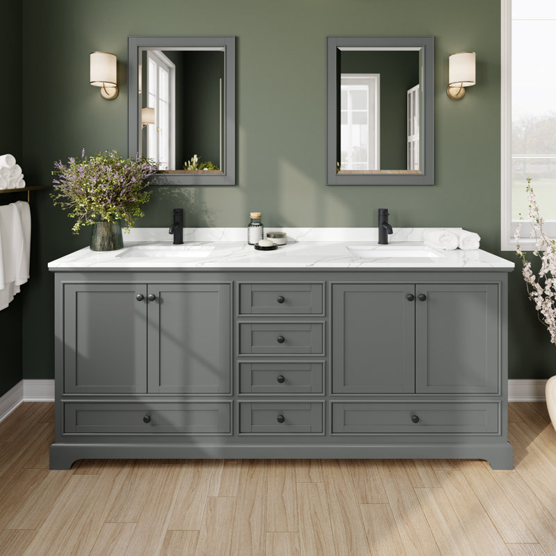 Deborah Double Bathroom Vanity with Quartz Top, Giotto Quartz, Dark Gray, Matte Black