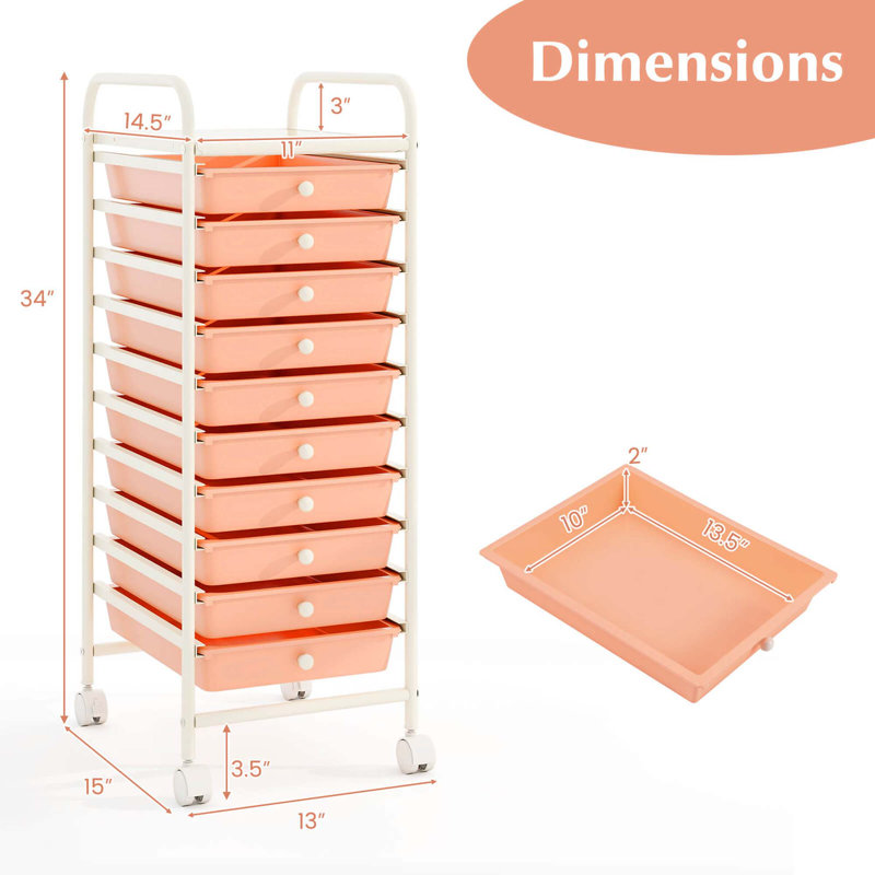 Chariot de rangement à 10 tiroirs, Peau rose