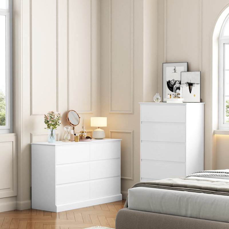 Commode double 6 tiroirs, commode de chambre à coucher moderne 47,2 po Dornisha, Blanc