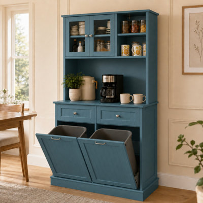 Armoire à déchets basculante 20 gallons avec tiroirs en bois, armoire de cuisine - bleu